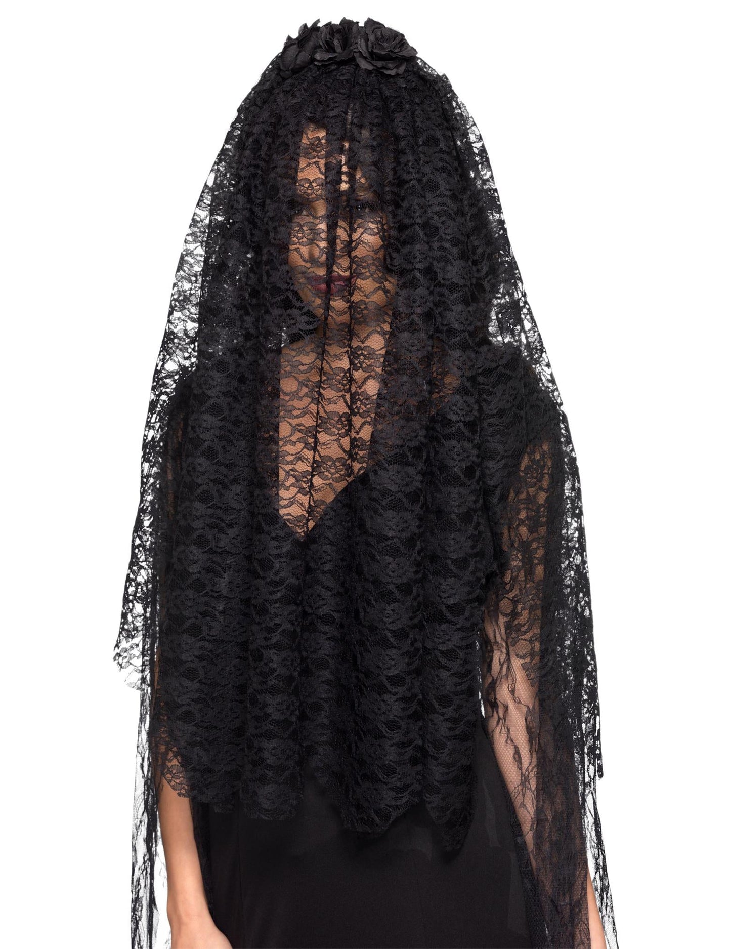 Voile long veuve noire pour adulte noir en dentelle fleurie
