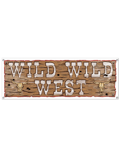 Bannière en plastique Wild Wild West pour fête motif bois et crânes de buffle